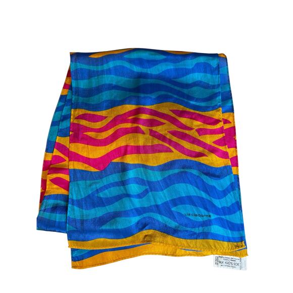 Vintage 80s Liz Claiborne Bold Print Rectangular Neck Scarf Turquoise Blue - Picture 2 of 5